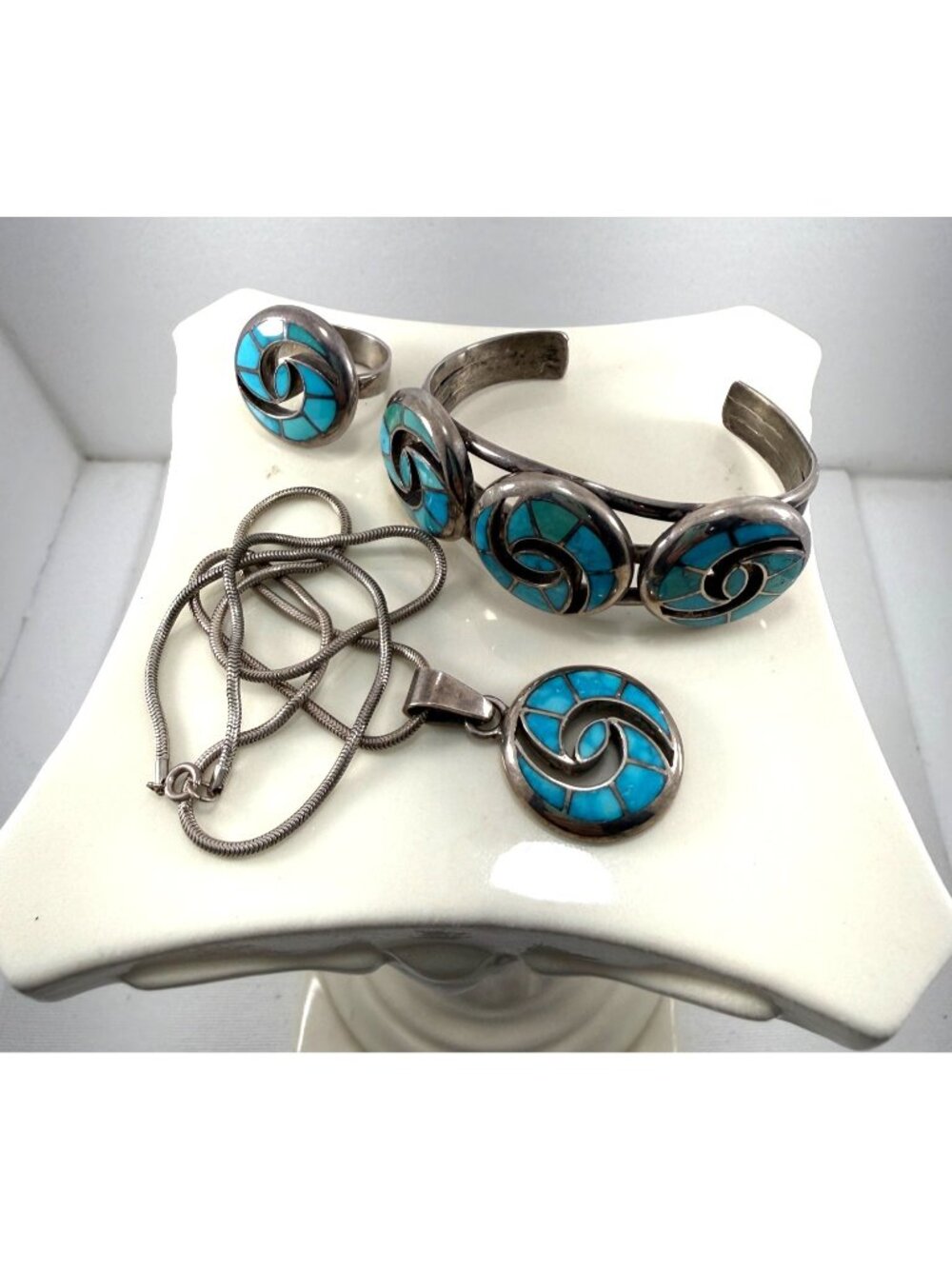 Vintage Carlos Diaz Sterling Silver Turquoise Inlay Parure Bracelet Ring Pendant